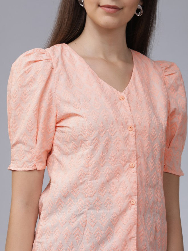 Tokyo Talkies Women Peach Self Design Regular Top - Peach - Image 3