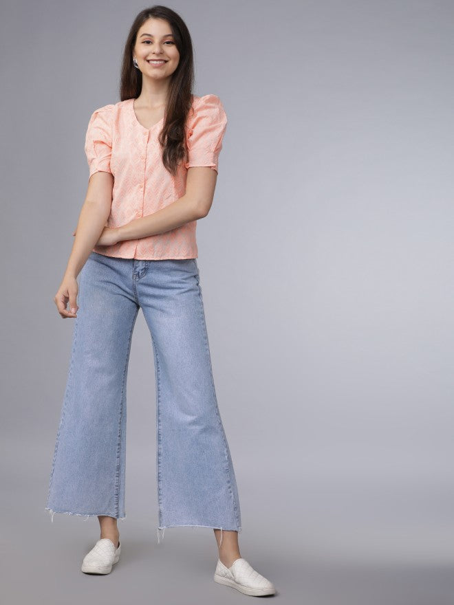 Tokyo Talkies Women Peach Self Design Regular Top - Peach - Image 4