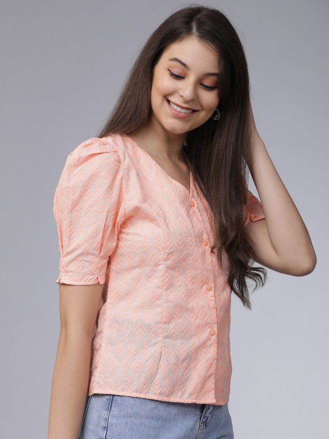 Tokyo Talkies Women Peach Self Design Regular Top - Peach - Image 5
