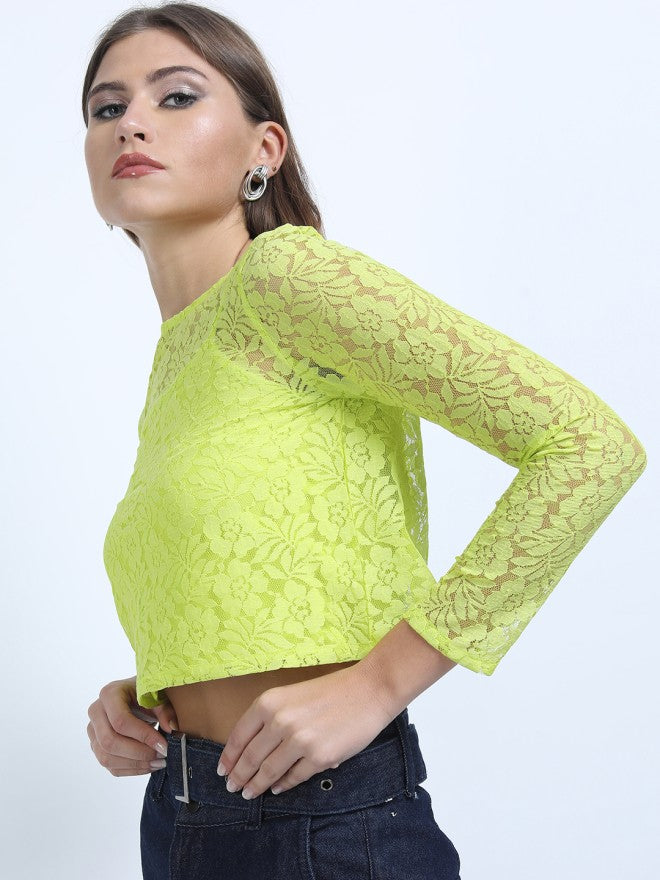 Tokyo Talkies Women Green Self Design Regular Top - Green - Image 1