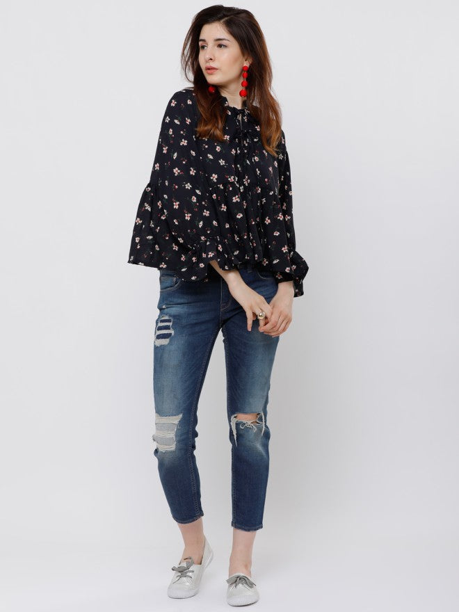 Tokyo Talkies Women Navy Blue Printed Empire Top - Navy Blue - Image 1