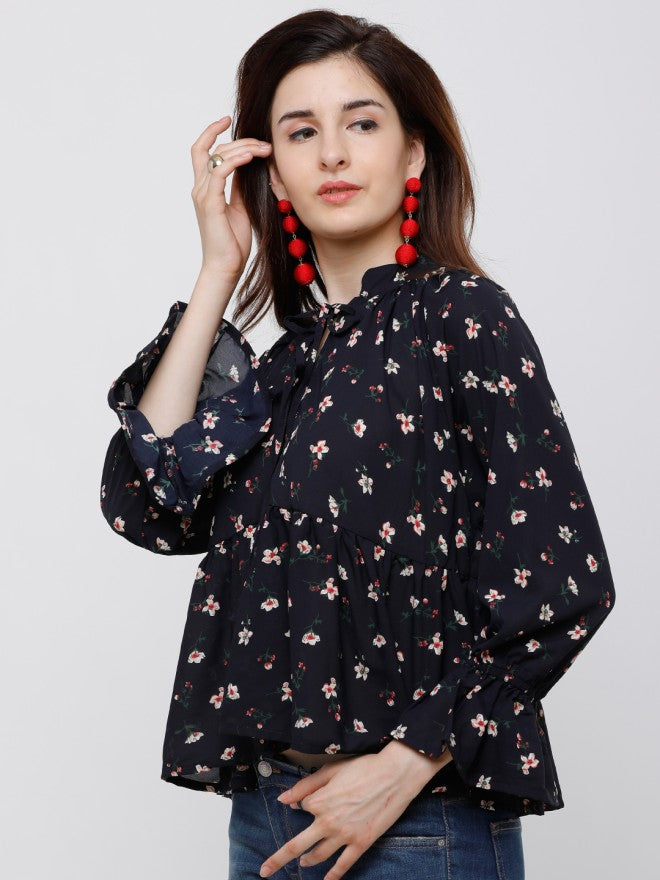 Tokyo Talkies Women Navy Blue Printed Empire Top - Navy Blue - Image 3