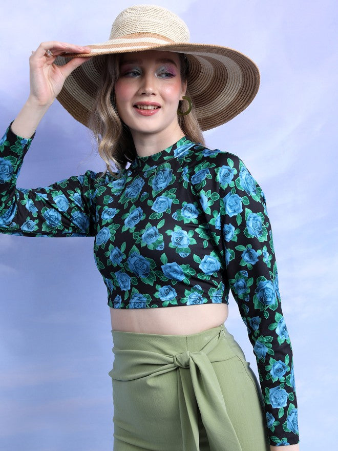 Tokyo Talkies Women Black Printed Fitted Top - Black - Image 3
