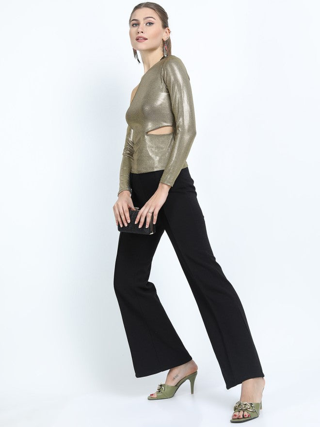 Tokyo Talkies Women Gold Solid Fitted Top - Gold - Image 1