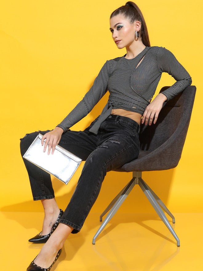 Tokyo Talkies Women Black Printed Fitted Top - Black - Image 1