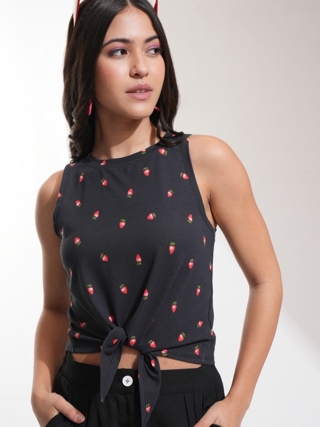 Tokyo Talkies Women Black Printed Regular Top - Black - Image 1