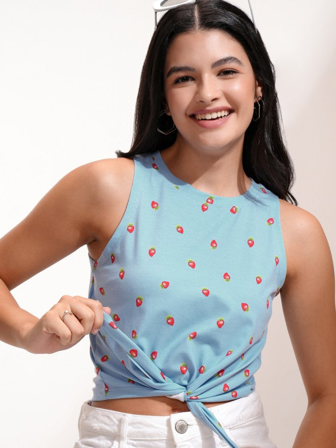 Tokyo Talkies Women Blue Printed Fitted Top - Blue - Image 1