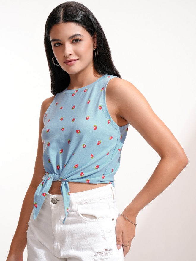 Tokyo Talkies Women Blue Printed Fitted Top - Blue - Image 4