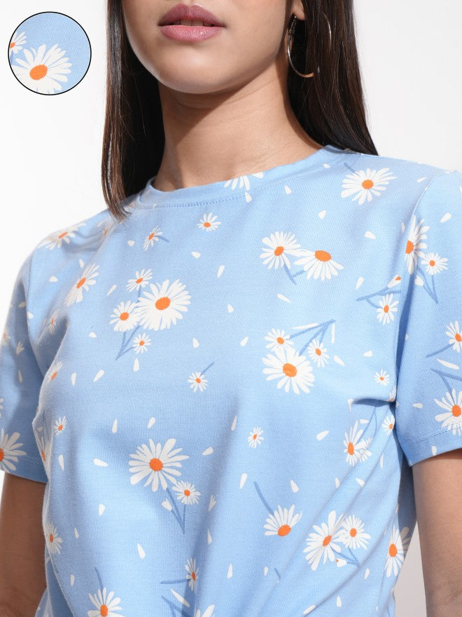 Tokyo Talkies Women Blue Printed Fitted Top - Blue - Image 5