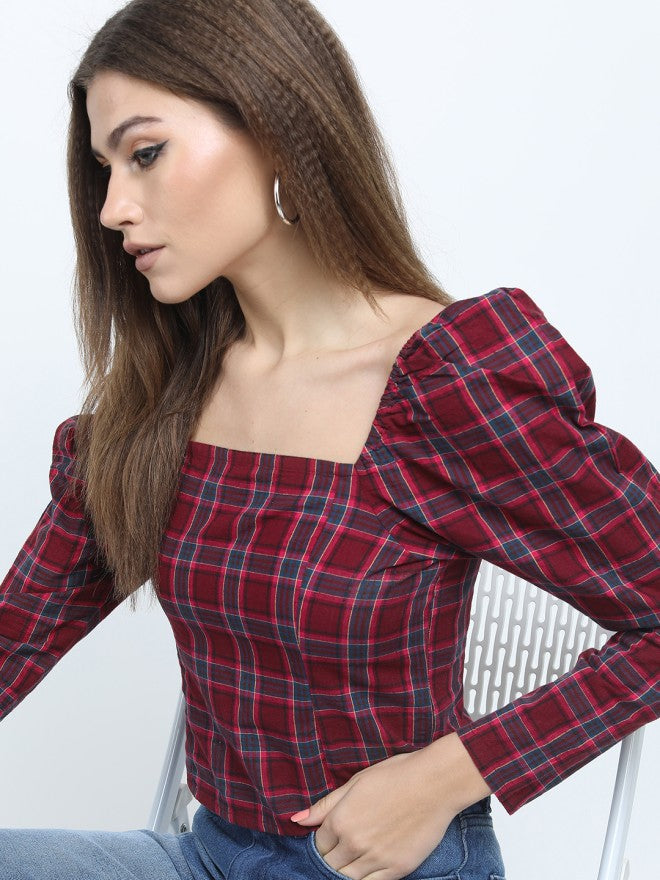 Tokyo Talkies Women Maroon Checked Regular Top - Maroon - Image 1