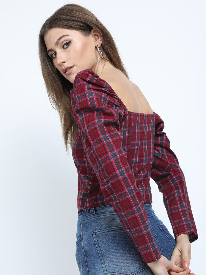 Tokyo Talkies Women Maroon Checked Regular Top - Maroon - Image 3