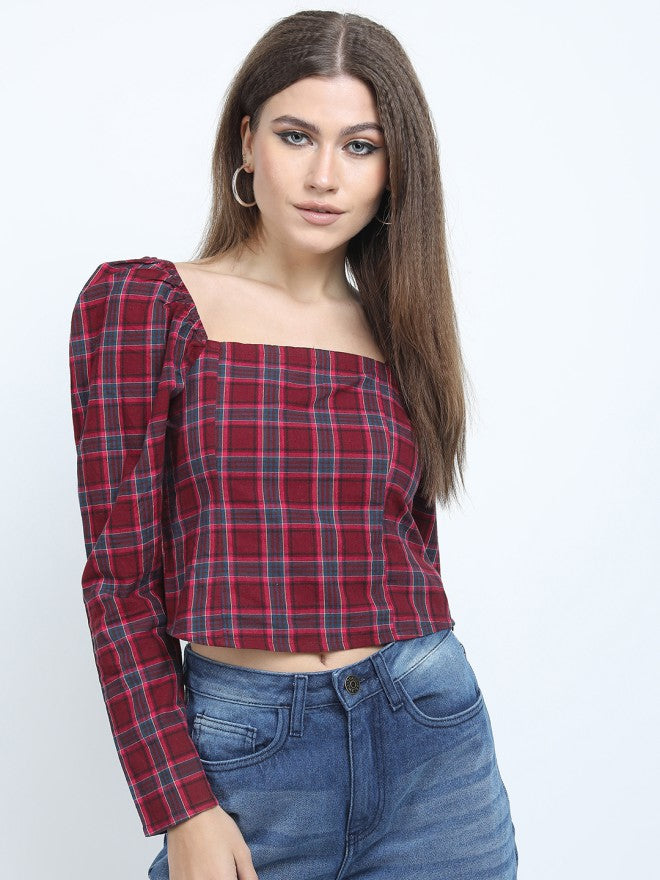 Tokyo Talkies Women Maroon Checked Regular Top - Maroon - Image 4
