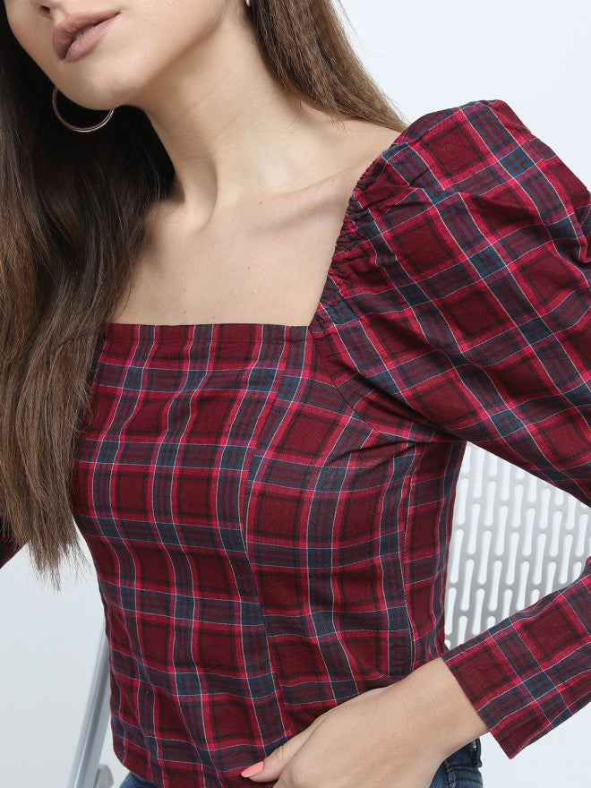 Tokyo Talkies Women Maroon Checked Regular Top - Maroon - Image 5