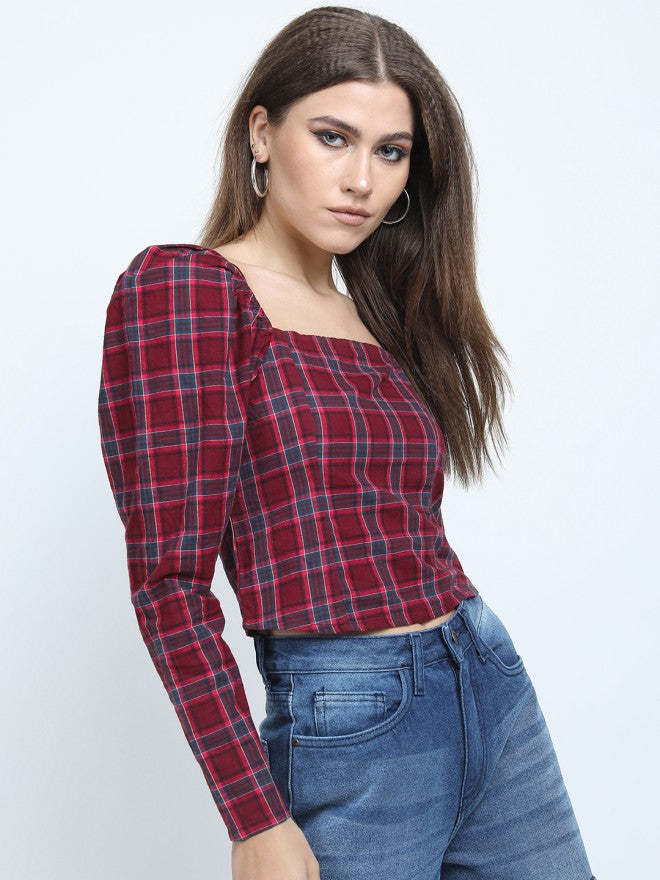 Tokyo Talkies Women Maroon Checked Regular Top - Maroon - Image 6