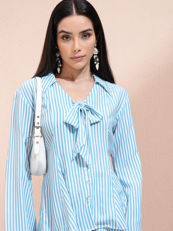 Tokyo Talkies Women Blue Striped Regular Top - Blue - Image 1