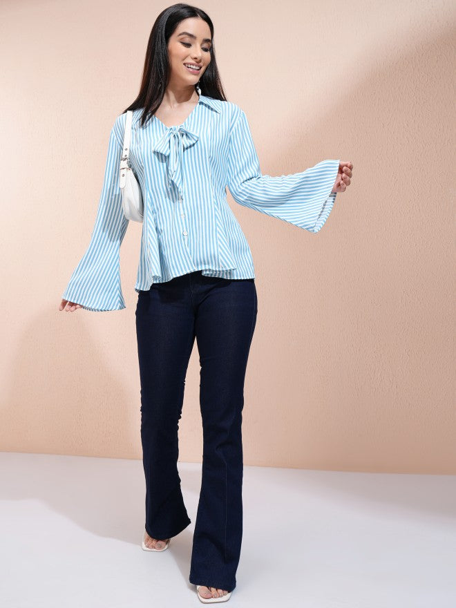 Tokyo Talkies Women Blue Striped Regular Top - Blue - Image 2
