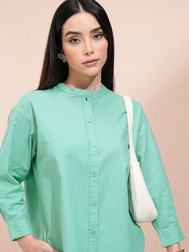Tokyo Talkies Women Green Solid Shirt Style Top - Green - Image 1
