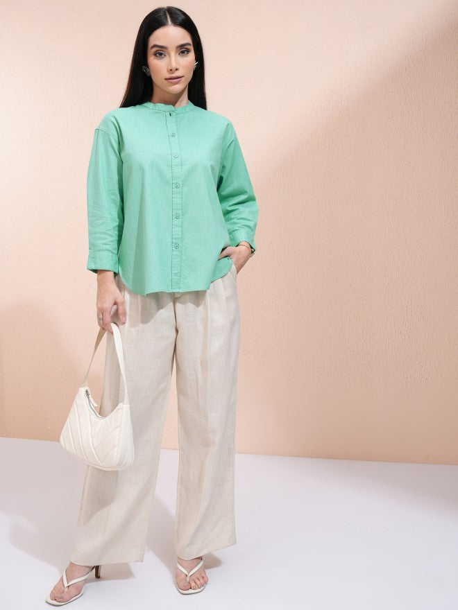 Tokyo Talkies Women Green Solid Shirt Style Top - Green - Image 2