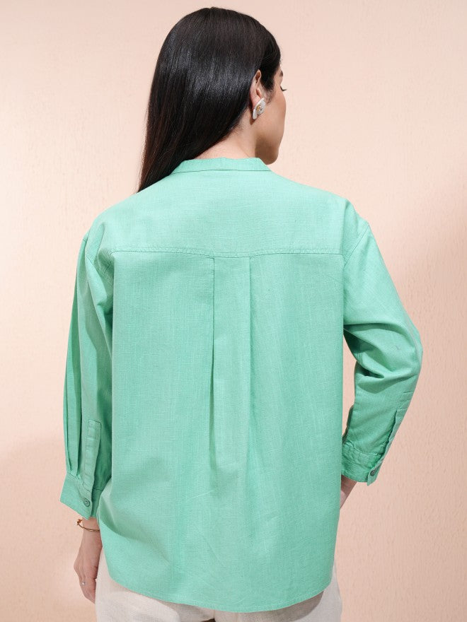 Tokyo Talkies Women Green Solid Shirt Style Top - Green - Image 3
