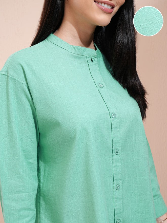 Tokyo Talkies Women Green Solid Shirt Style Top - Green - Image 5