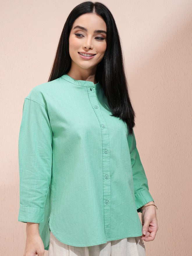 Tokyo Talkies Women Green Solid Shirt Style Top - Green - Image 6