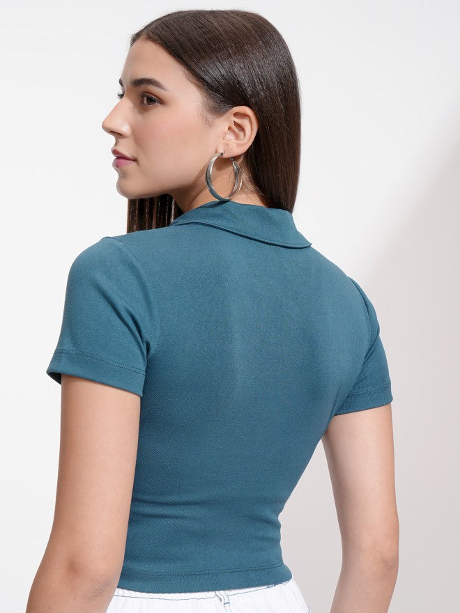 Tokyo Talkies Women Teal Solid Fitted Top - Teal - Image 3