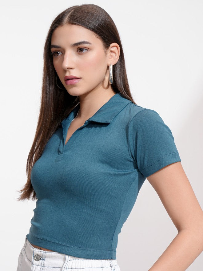 Tokyo Talkies Women Teal Solid Fitted Top - Teal - Image 4