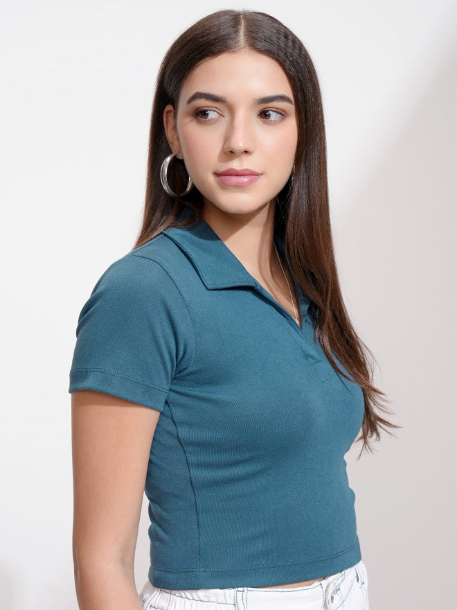 Tokyo Talkies Women Teal Solid Fitted Top - Teal - Image 6