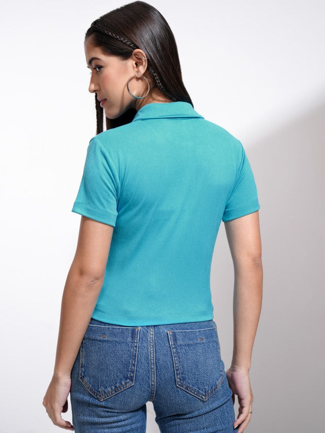 Tokyo Talkies Women Blue Solid Fitted Top - Blue - Image 3