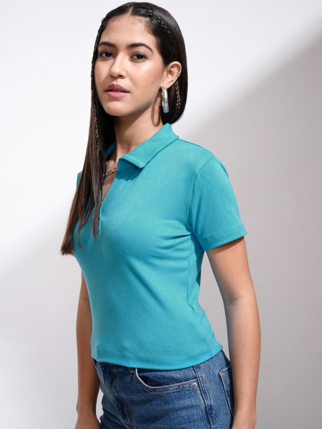 Tokyo Talkies Women Blue Solid Fitted Top - Blue - Image 4