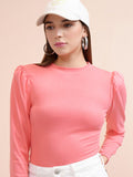Tokyo Talkies Women Coral Solid Fitted Top - Pink - Image 1