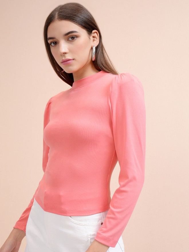 Tokyo Talkies Women Coral Solid Fitted Top - Pink - Image 4