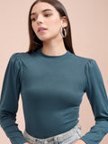 Tokyo Talkies Women Teal Solid Fitted Top - Teal - Image 1