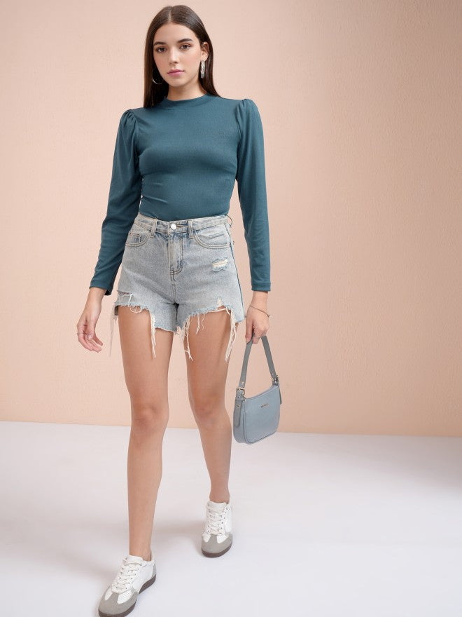 Tokyo Talkies Women Teal Solid Fitted Top - Teal - Image 2
