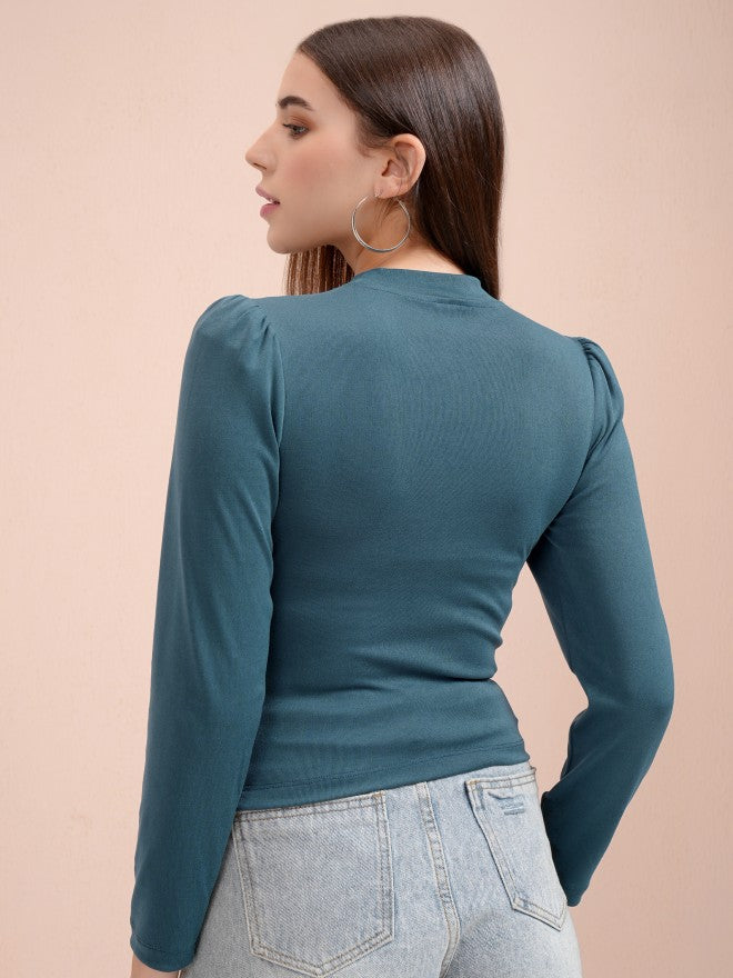 Tokyo Talkies Women Teal Solid Fitted Top - Teal - Image 3