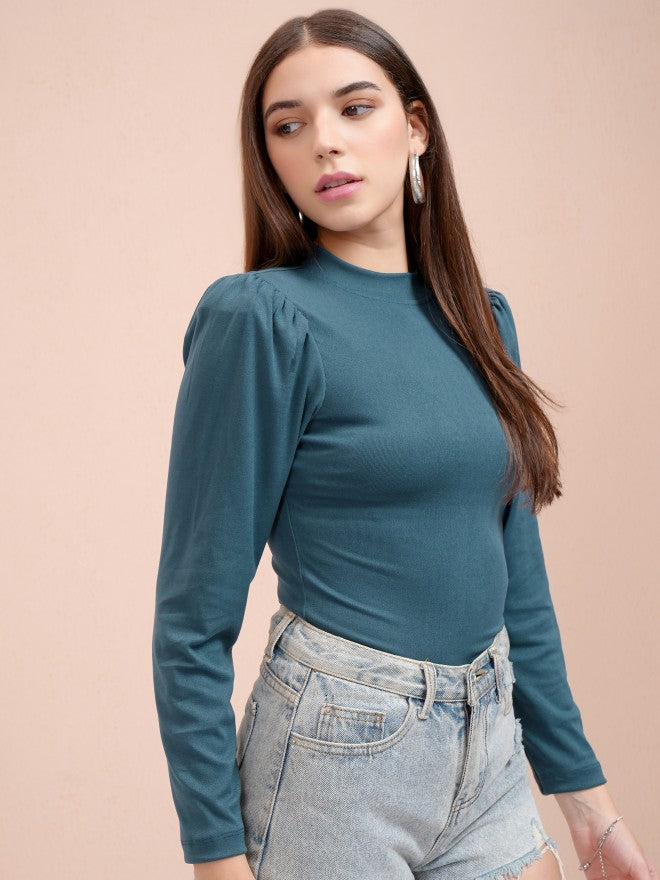 Tokyo Talkies Women Teal Solid Fitted Top - Teal - Image 6