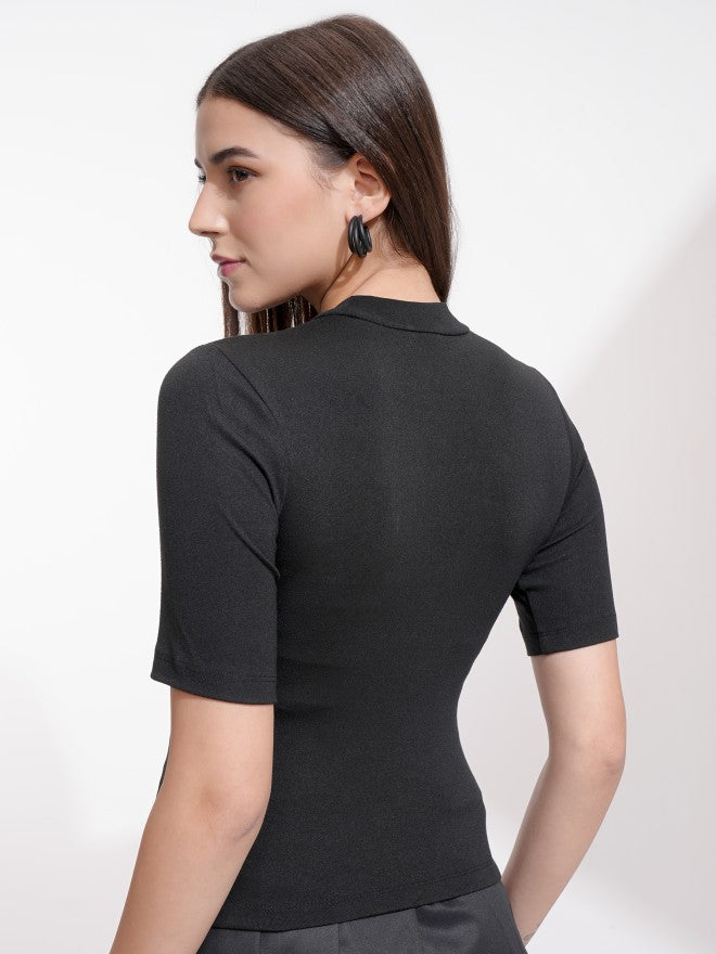 Tokyo Talkies Women Black Solid Fitted Top - Black - Image 3