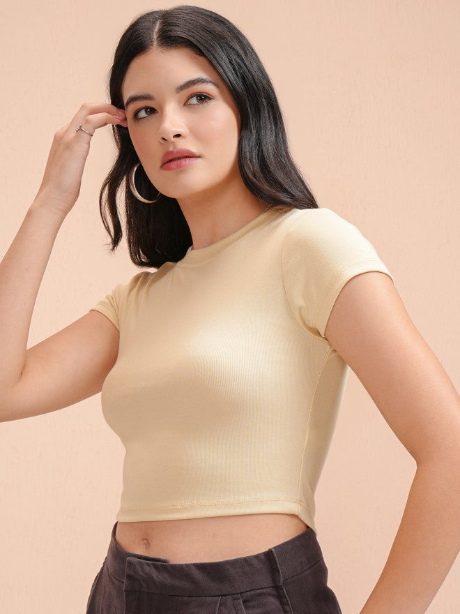 Tokyo Talkies Women Beige Solid Fitted Top - Beige - Image 4