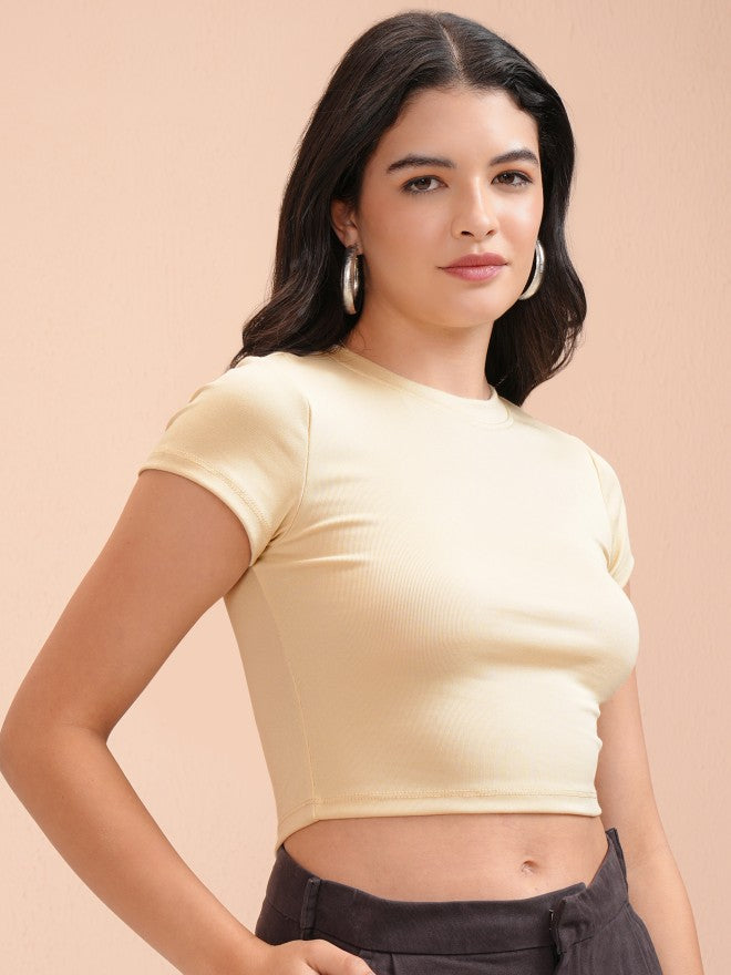 Tokyo Talkies Women Beige Solid Fitted Top - Beige - Image 6
