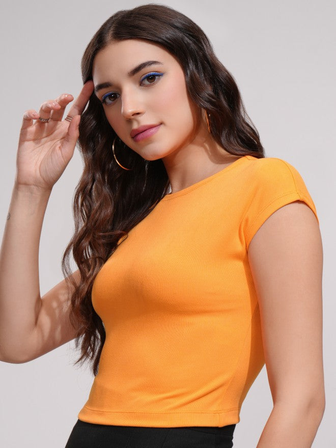 Tokyo Talkies Women Orange Solid Fitted Top - Orange - Image 4