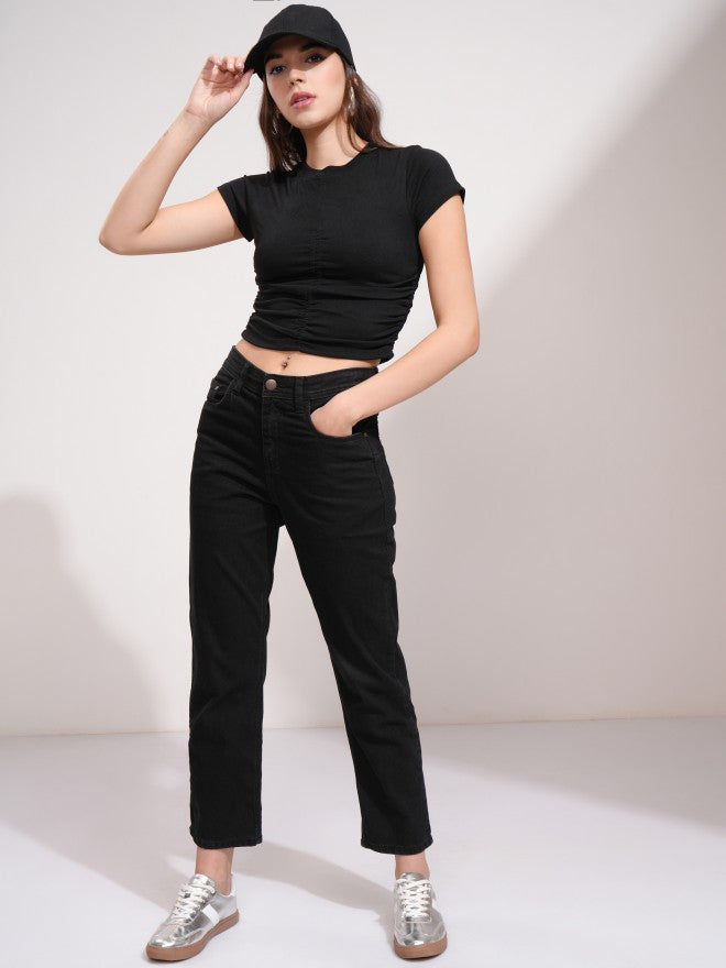 Tokyo Talkies Women Black Solid Fitted Top - Black - Image 2
