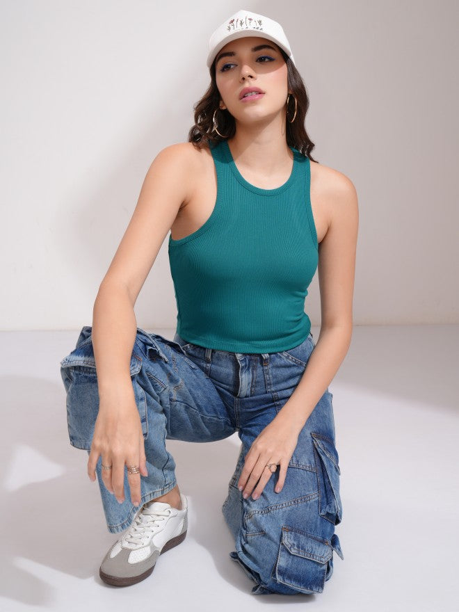 Tokyo Talkies Women Teal Solid Fitted Top - Teal - Image 2