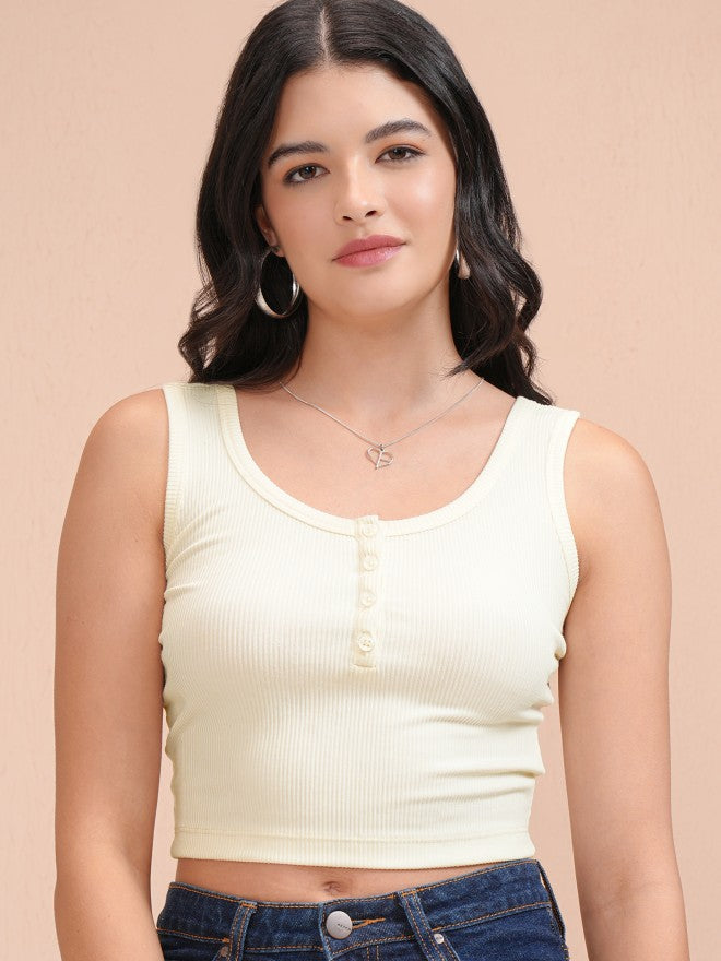 Tokyo Talkies Women Off White Solid Fitted Top - Off White - Image 1