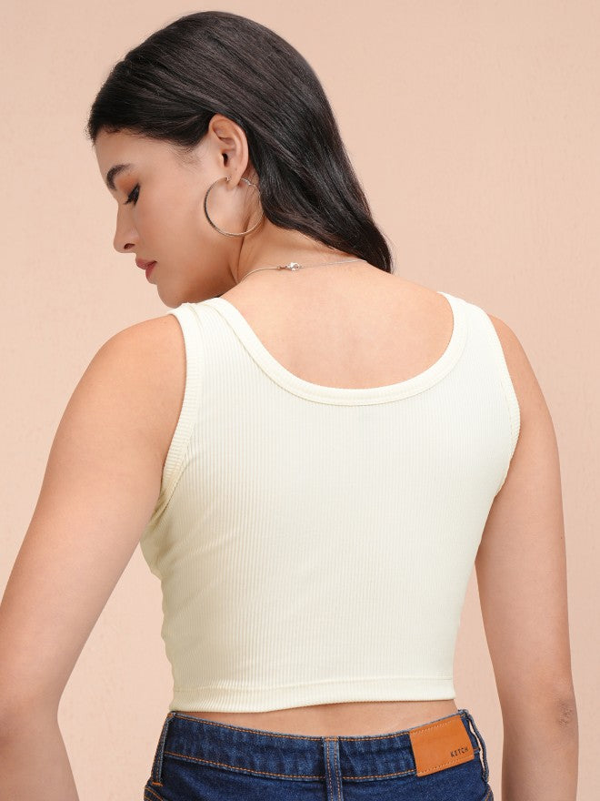 Tokyo Talkies Women Off White Solid Fitted Top - Off White - Image 3