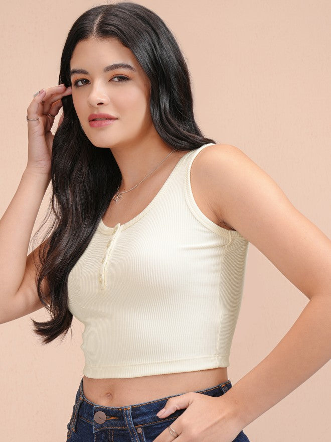 Tokyo Talkies Women Off White Solid Fitted Top - Off White - Image 4