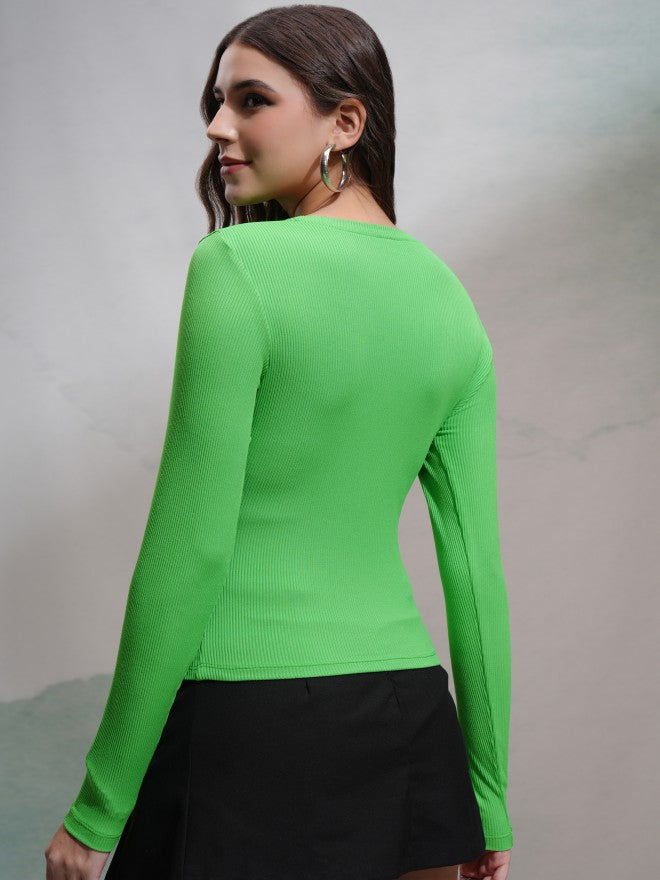 Tokyo Talkies Women Green Solid Fitted Top - Green - Image 3