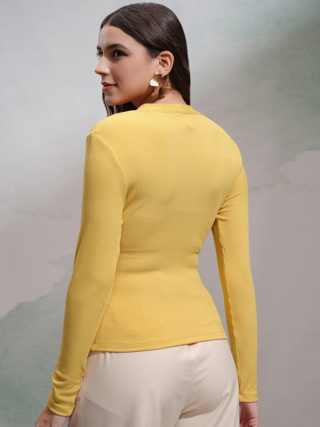 Tokyo Talkies Women Yellow Solid Fitted Top - Yellow - Image 3
