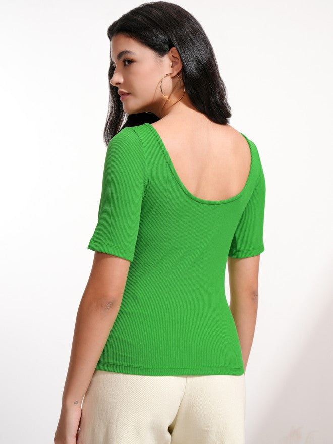 Tokyo Talkies Women Green Solid Fitted Top - Green - Image 3
