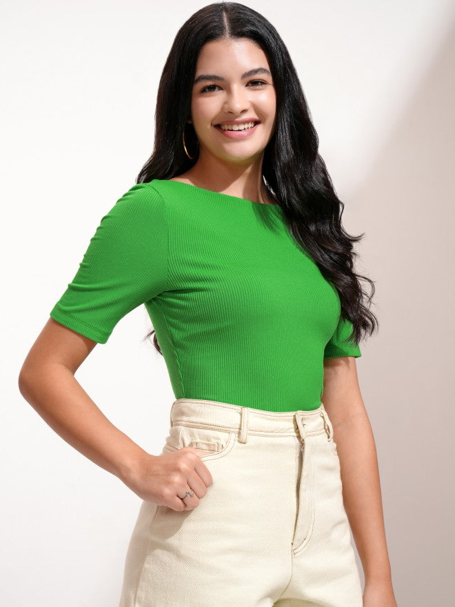 Tokyo Talkies Women Green Solid Fitted Top - Green - Image 6