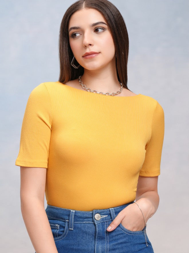 Tokyo Talkies Women Yellow Solid Fitted Top - Yellow - Image 1